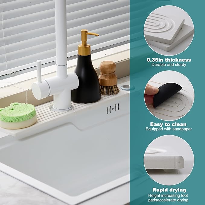 ODE TO ORDER Stone Faucet Mat for Kitchen Sink Bathroom Counter, 15.7 Inch White Diatomite Water-Absorbing Drying Stone Mat, Sink Stone Tray Protector,Prevent Moisture Sink Splash Guard