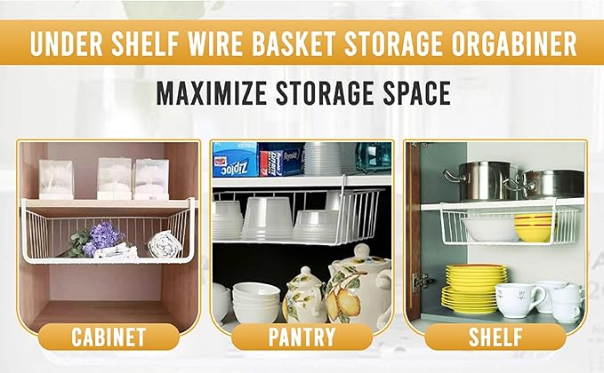 YBM HOME Under Shelf Wire Basket Storage Organizer for Kitchen Pantry - Hanging Storage Cabinet Organizer Rack Adds Extra Storage Space Underside The Shelf (1, Medium)