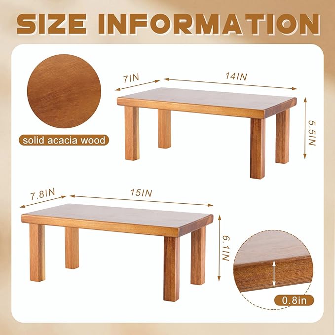 2 Pcs Extra Large 15 Inches Acacia Wooden Riser Wooden Countertop Organizer Display Shelf for Top of Desk Home Office Bathroom Coffee Table Display Stand