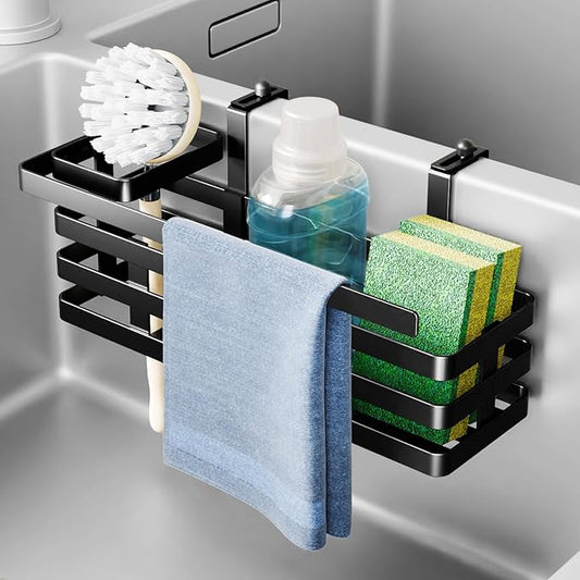 NiHome Over Sink Divider Sponge Holder for Sponges, Brushes & Accessories, Multi-Compartment Storage Caddy for Double Sinks, Fast Drainage Adjustable Kitchen Sponge Organizer, Easy to Install & Remove