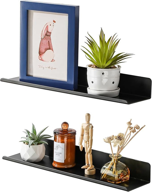 SAYAYO Black Floating Shelves for Wall Storage, 16 Inch Adhesive Wall Shelves for Bedroom Decor, Small Display Bathroom Shelf Organizer for Kitchen, Living Room, Office, 2pcs