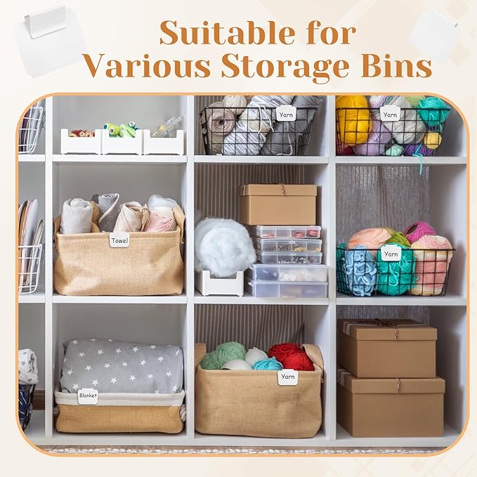 YooNotee 50 Pcs White Basket Labels Clip with 4 Black Chalk Markers Reusable Plastic Storage Bin Erasable Labels Kitchen Pantry PVC Tag Stickers for Fabric Cubes Basket Box Organization