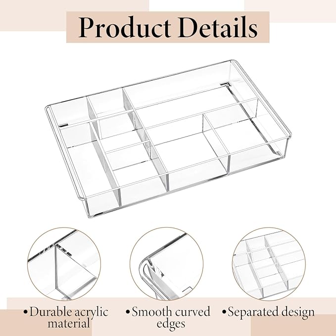 2Pcs 8-Section Clear Drawer Organizer, 13.7" x 8.7" x 2" Large Acrylic Drawer Divider Tray for Desk, Bathroom, Office, Makeup, Junk, Plastic Drawers Organiser Clear Makeup Tray Organizer