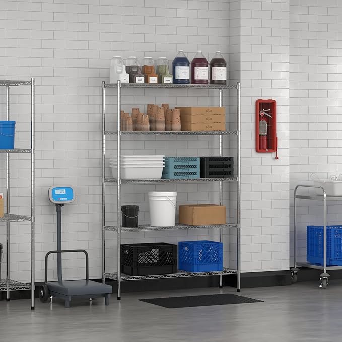 Commercial NSF Listed Chrome Stationary Wire Shelving Kit 14" x 48" x 74", with 5 Shelves Perfect for Warehouse, Walk-in Refrigerator, Freezer, Grocery Store, Restaurant, Dishroom