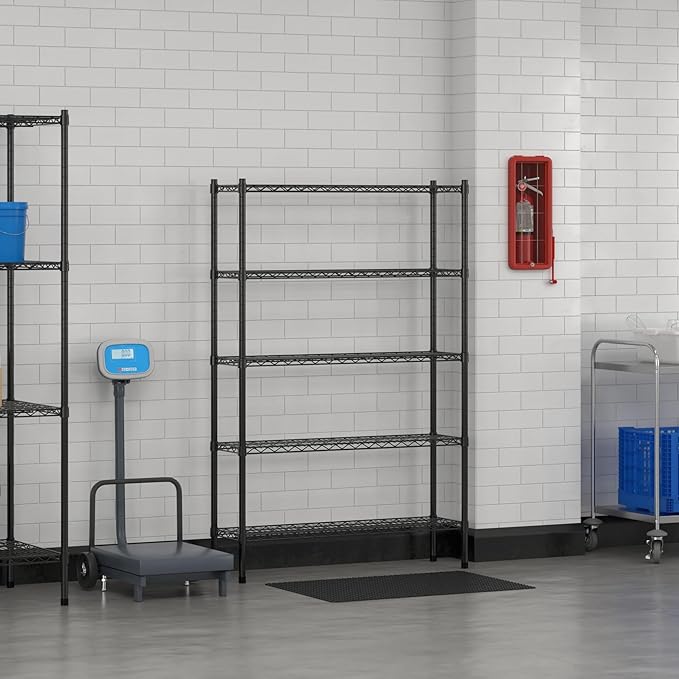 Commercial NSF Listed Black Epoxy Stationary Wire Shelving Kit 12" x 42" x 64", with 5 Shelves Perfect for Warehouse, Walk-in Refrigerator, Freezer, Grocery Store, Restaurant, Dishroom