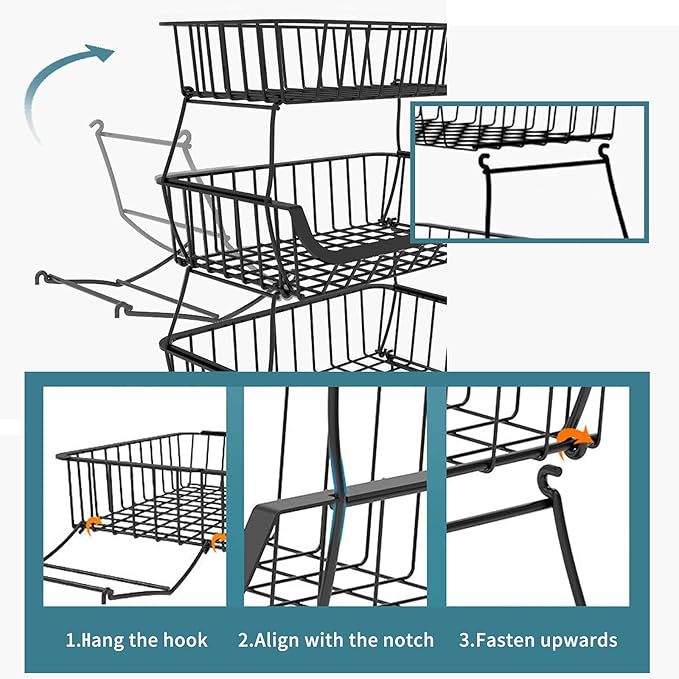 Metal Wire Baskets with Wheels, Stackable Storage Bins Kitchen Organizer Shelf 3-4-5-6 Tier Fruit Vegetable Cart Dishes Seasonal Rack Shelves for Garage, Pantry, Bathroom and Produce holder