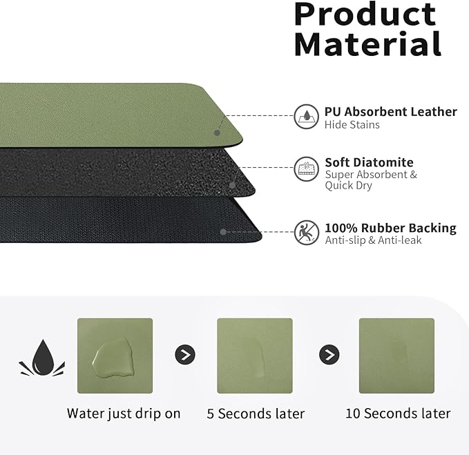 Dish Drying Mat for Kitchen Counter, Heat Resistant Drainer Mats with Non-slip Rubber Backed, Hide Stain Kitchen Super Absorbent Draining Mat, Easy to Clean Dish Rack Pad, Green 16"x18"