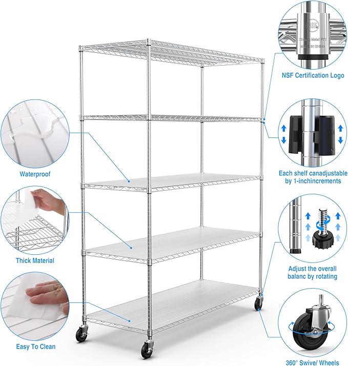 Ufurpie 5 Tier Wire Shelving Unit 7500lbs Capacity NSF Metal Shelf, Heavy Duty Adjustable Shelf Liners Storage Rack for Commercial Grade Utility Steel Rolling Shelving, 82" H X 60" L X 24" D