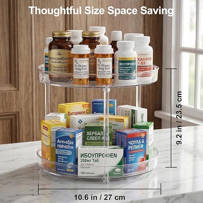Vitamin Storage Organizer, 10.3" Rotary Turntable Organizer for Vitamin Bottles and Medicine Bottle, Bottle Organizer for Countertop, Bathroom Cabinet Storage