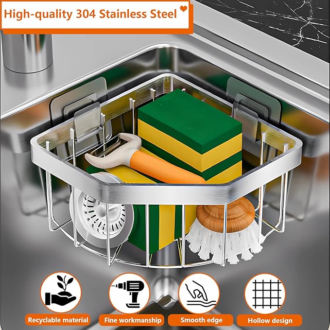 Corner Sponge Holder Kitchen Sink Organizer, Adhesive Stainless Steel Sponge Caddy for Kitchen, Dish Cloth Hanger Sponge Holder Soap Storage Rack for Space-Saving Storage(not for Rounded)