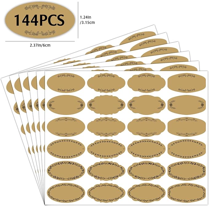 Nardo Visgo Oval Vintage Brown Labels for Bottles, Removable Waterproof Write-on Sticker Labels for Essential Oil Bottles, Christmas Gift Tags, Food Spice Jars or Handmade Jam,Free Black Marker,144pcs