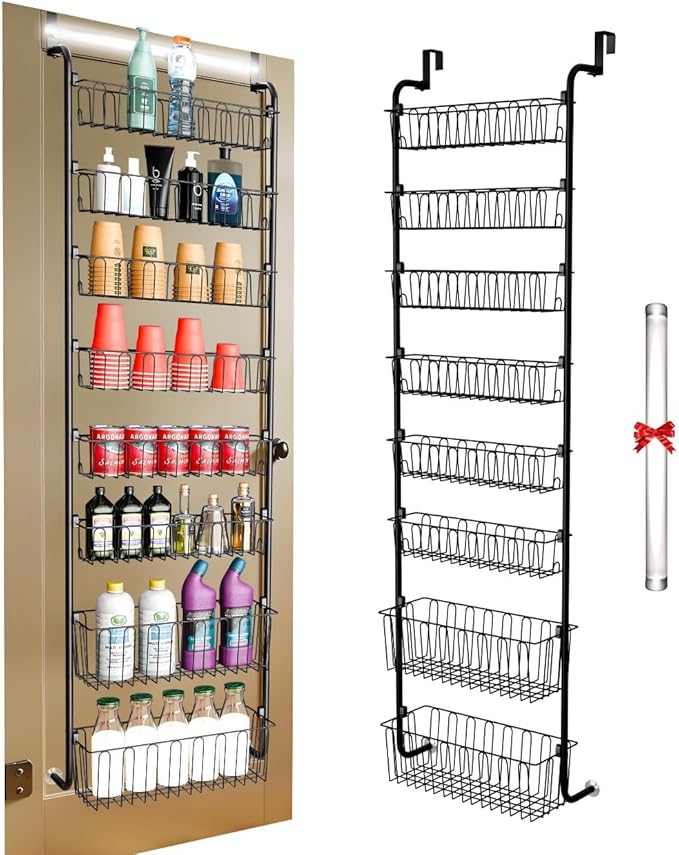 Over Door Organizer Storage - 8 Tier Black Metal Over The Door Pantry Organizer Heavy Duty Hanging Storage Rack, Behind Cabinet Shelves for Home, Kitchen, Bathroom, Closet, Pantry.