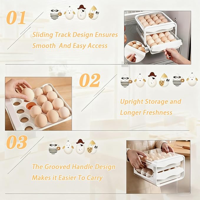 Egg Holder for Refrigerator 2 Tier Clear Stackable Egg Tray with Drawer Space Saving Eggs Storage Container with Handles for Countertop Kitchen Baking (32 Eggs)