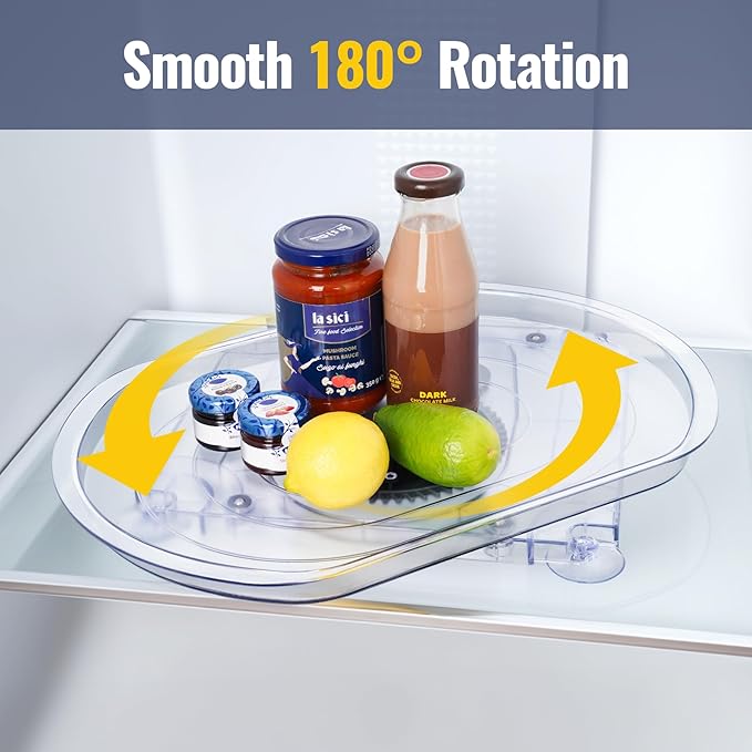 NiHome Refrigerator Lazy Susan Turntable Organizer 16.5"x11"x1.85", 180° Smooth Rotation Clear Plastic Shelf Tray with Suction Cups, Space-Saving Fridge Storage Rack for Cabinets, Pantry, Countertop
