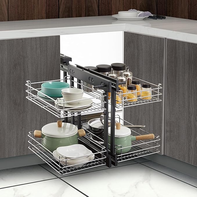 Gdrasuya10 Blind Corner Cabinet Pull Out Organizer, 2 Tier Pull Out Shelf Organizer for Corner Cabinet Storage Slide Out Kitchen Cabinet Organizer Basket for 15" Opening Door (Left or Right)