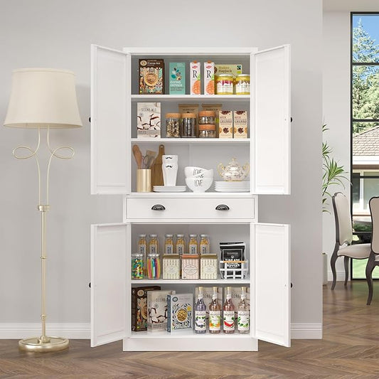 71” Food Pantry Storage Cabinet with Drawer,White Metal Kitchen Pantry Cabinet with Doors and Adjustable Shelves,Tall Storage Cabinets for Pantry,Kitchen,Livingroom