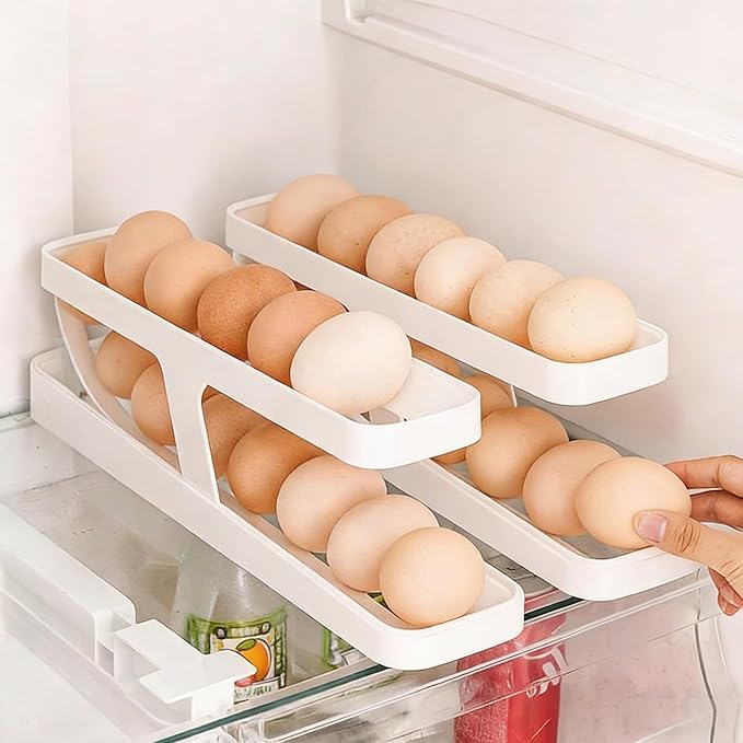 RollDown Egg Dispenser for Refrigerator - 2 Pack Space Saving Egg Holder & Organizer, FIFO Rolling Dispenser Rack for Standard/Large/Jumbo Eggs