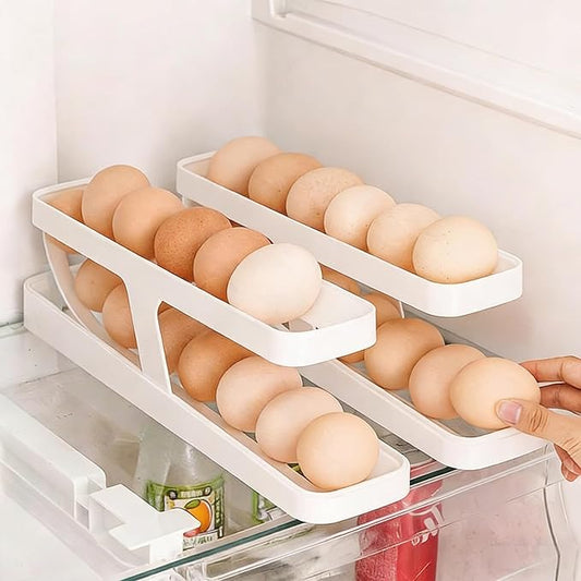 RollDown Egg Dispenser for Refrigerator - 2 Pack Space Saving Egg Holder & Organizer, FIFO Rolling Dispenser Rack for Standard/Large/Jumbo Eggs