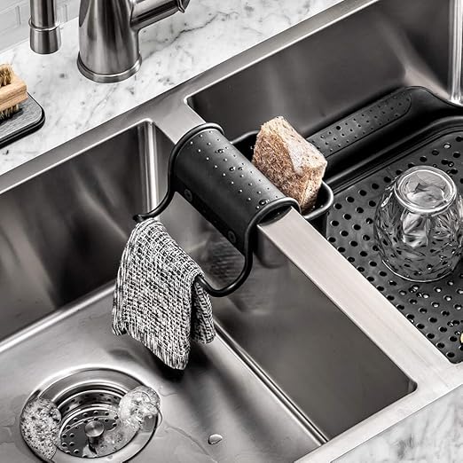 madesmart Towel & Sponge Saddle, Over-The-Sink Sponge Holder & Dishcloth Organizer, Ventilated Fast-Dry Sink Caddy, Non-Slip Design, Carbon