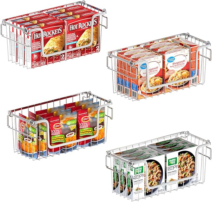 Orgneas Stacking Freezer Organizer Bins for 5.0Cu.Ft Chest Freezer, Small Stackable Chest Freezer Baskets Metal Wire Kitchen Pantry Storage Open Front Deep Freezer Bins with Foldable Handles, Set of 4