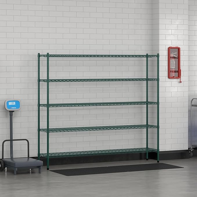 Commercial NSF Listed Green Epoxy Stationary Wire Shelving Kit 14" x 72" x 64", with 5 Shelves Perfect for Warehouse, Walk-in Refrigerator, Freezer, Grocery Store, Restaurant, Dishroom