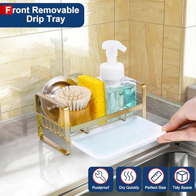 HULISEN Kitchen Sink Sponge Holder, 304 Stainless Steel Kitchen Soap Dispenser Organizer, Countertop Drainer with Removable Tray, not Including Dispenser and Brush, Gold