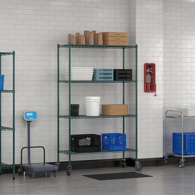 Commercial NSF Listed Green Epoxy Mobile Wire Shelving Kit 18" x 48" x 80", with 4 Shelves Perfect for Warehouse, Walk-in Refrigerator, Freezer, Grocery Store, Restaurant, Dishroom