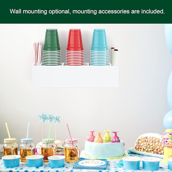 Triple Cup Holder With Marker Slot, Party Dispenser Acrylic Organizer, Mark Your Drink Caddy, Modern Bar Counter Decor, White