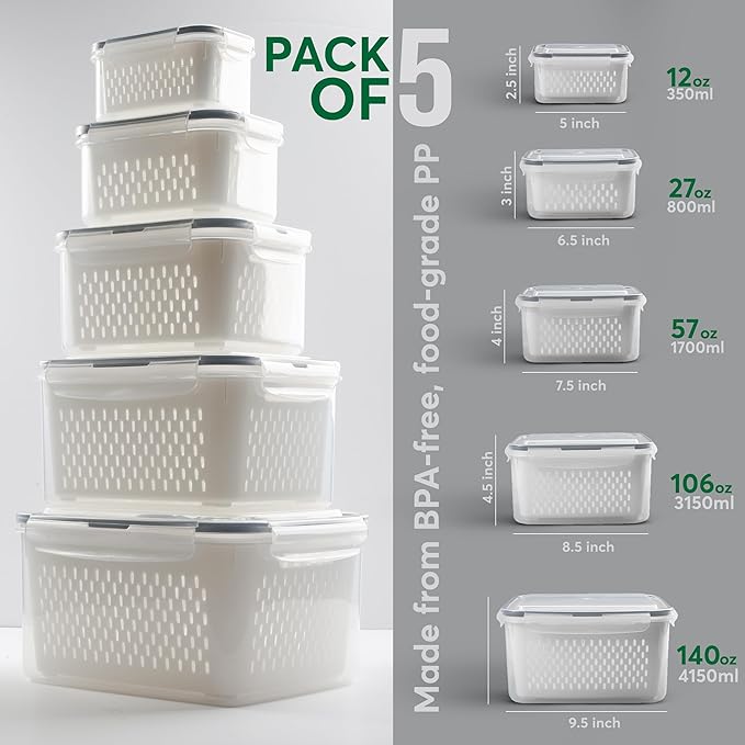 BreezyHome 5 Set Fruit Storage Containers for Fridge with Colanders Dishwasher Safe, Leakproof Fruit and Vegetable Storage BPA-Free Plastic, Produce Storage Keep Berry Fruit Veggie Meat Fresh