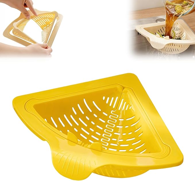 Magnetic Drainage & Filter Basket, Kitchen Corner Sink Strainer, Triangular Sink Strainer with Twist-Open Bottom, Kitchen Sink Corner Rack for Draining & Storage, Punch-Free Installation (YELLOW)