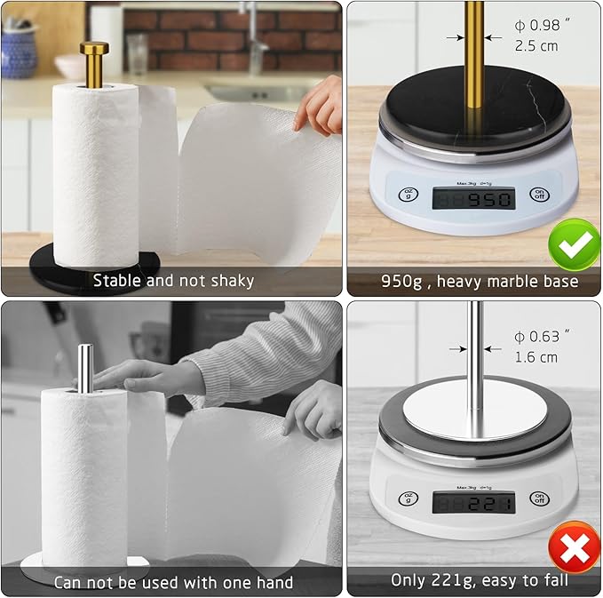 Paper Towel Holder Countertop with 7" Weighted Black Marble Base - Modern Free Standing Paper Roll Holder, Brushed Gold Stainless Steel Stand Paper Towel Holder for Kitchen and Bathroom