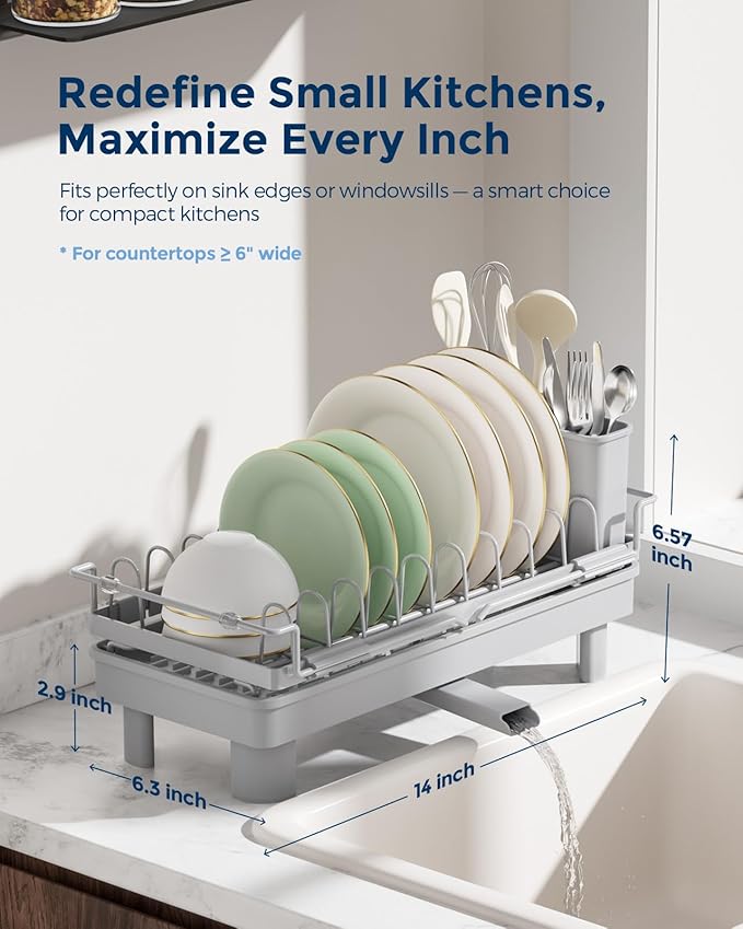 Nacial Small Dish Drying Rack with Utensil Holder, Expandable Dish Rack Over Sink with Auto-Drain Tray, Compact Dish Drainer for Kitchen Counter, Stainless Steel Dish Rack Fits 14''–21.8'' Sink, Gris