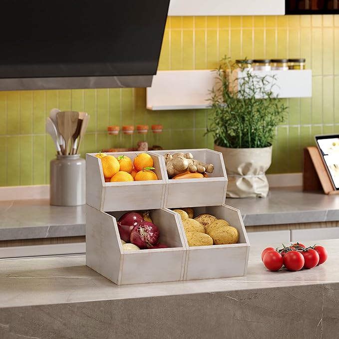 2 Set Bamboo Pantry Storage Bins Wood Stackable Baskets Potato and Onion Storage Bins Fruits Vegetable Bread Organization for Kitchen Counter