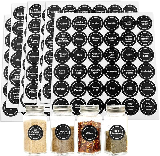 Spice Labels, 432Pcs Spice Labels Stickers 1.4in Waterproof Adhesive Round Preprinted Spice with Blank Label Black Tear Resistant Sticker for Kitchen Jars Caps Food Containers Spice Organizers