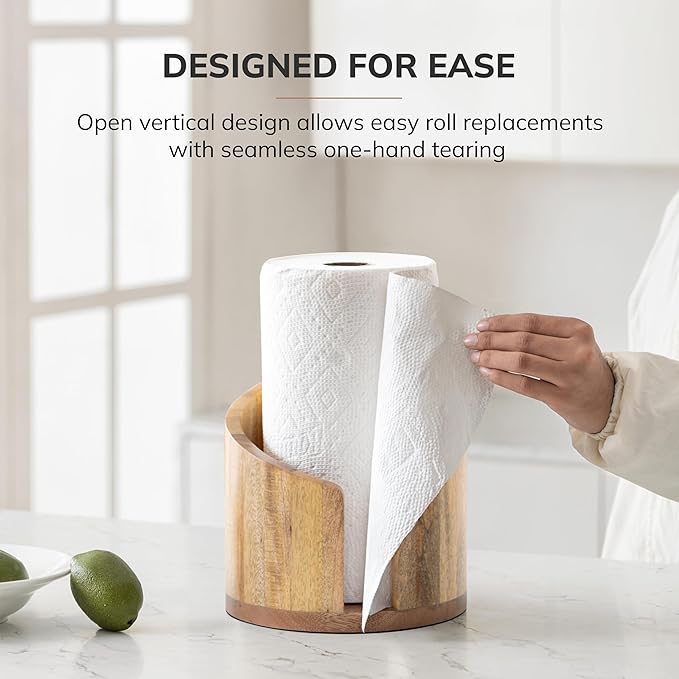 Anji Mountain Paper Towel Holder Countertop with Mango Wood Round Base and Iron Holder,Holder Stand for Kitchen Roll Organize,Wooden Paper Towel Holder for Kitchen Dining Table Home Decor