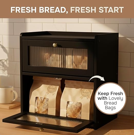 Bread Box for Kitchen Countertop - Wooden 2 Tier Bread Box with 10x Bread Bags and 10x Bread Bag Ties Vintage Breadbox Bread Storage Container Farmhouse Food Organizer Pantry Shelf (Black)