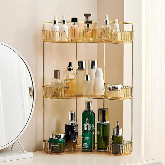3-Tier Corner Bathroom Counter Organizer, Plastic Countertop Makeup Organizer, Large Capacity Vanity Bathroom Perfume Shelf Rack for Kitchen Office Desktop (Amber)