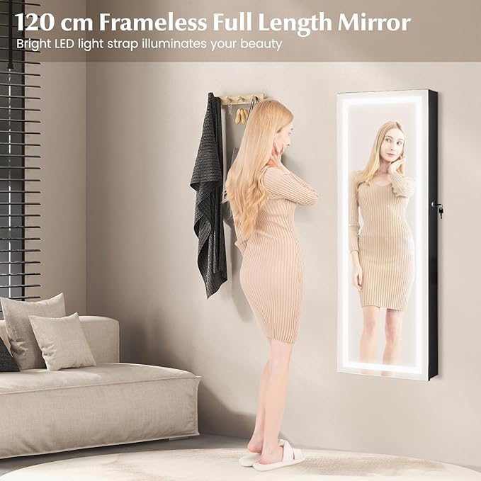 NAFORT LED Mirror Jewelry Armoire, Full Length Mirror with Storage Box, Wall or Door Mounted Organizer Cabinet, Lockable Over the Door Jewelry Storage, Black