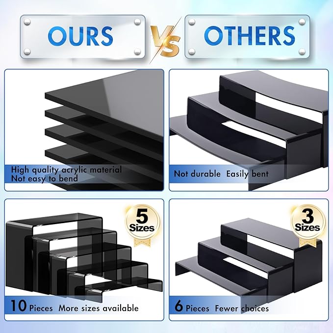 Aheroi Display Risers, 10 Pcs 2 Set(7”L~8”L~9”L) Acrylic Risers, Black Arylic Display Stands Acrylic Shelf Riser, Risers Display Stand Set for Decor, Cupcake Stands Display Showcase Holder for Toys