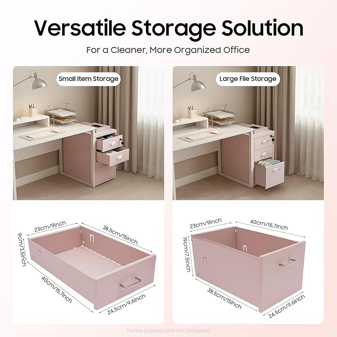 3-Drawer Vertical File Cabinet with Lock and Wheels, Mobile Rolling Storage Organizer for Home Office, Pink Filing Cabinet Under Desk, 11" D x 16" W x 18.3" H