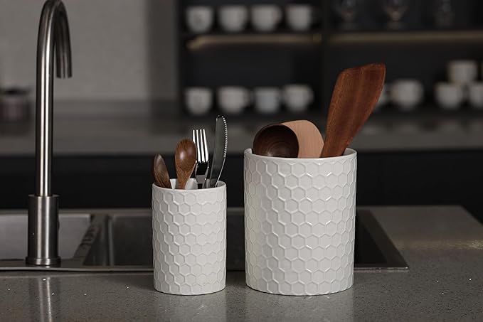 Docrin Ceramic Kitchen Utensil Holder 2 Pack - 6.8"+5.1" Inch Countertop Storage Organizer, Non-Slip Base, Easy to Clean, Elegant White Ceramic Crocks for Spatulas, Spoons, Ladles & Cooking Gadgets