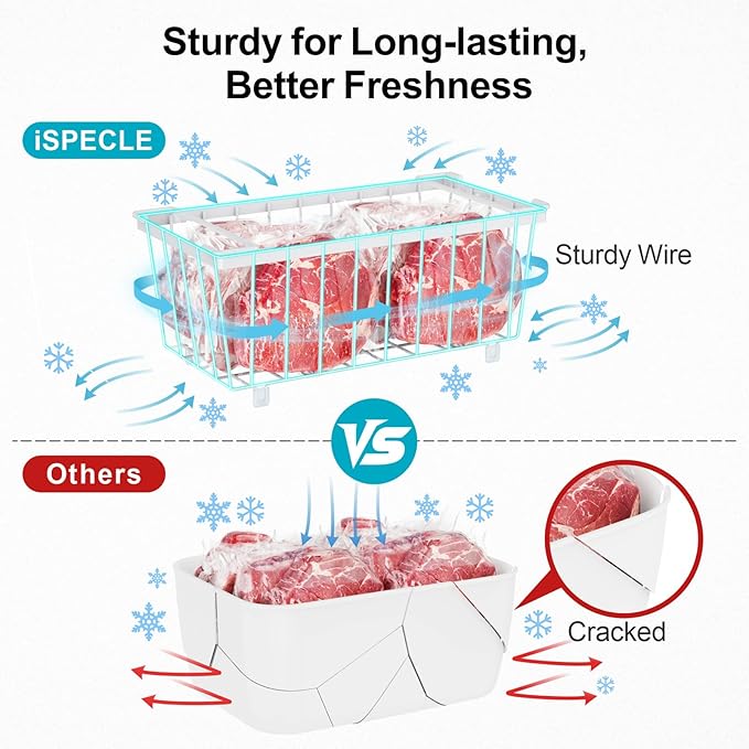 iSPECLE Freezer Organizer Bins, 4 Pack Deep Freezer Baskets for 5 to 7 Cu.Ft, Stackable Wire Chest Freezer Organizer Bins for Small Food, Strong Metal with Handles for Meat and Veggies, White