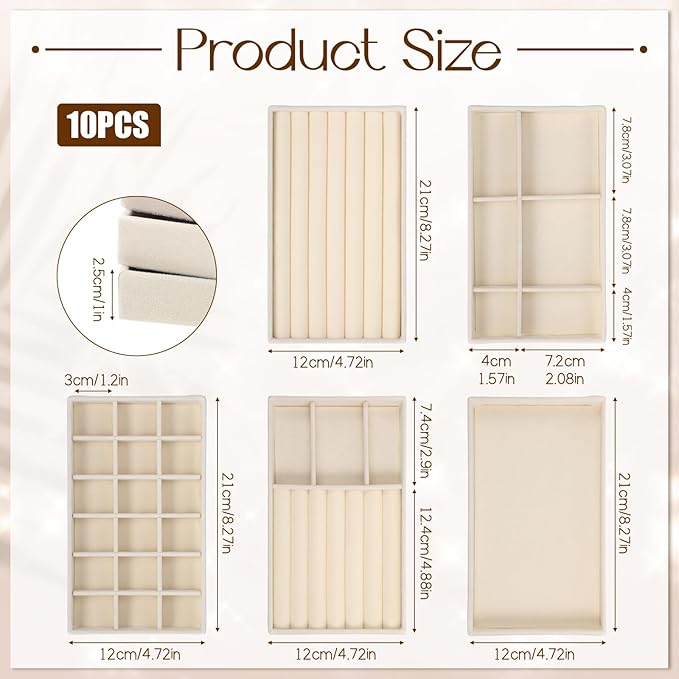 10 Pack Beige Jewelry Organizer Tray, Jewelry Drawer Organizer Inserts with Removable Dividers Stackable Velvet Ring Earring Storage for Rings Earrings Necklace Bracelet Watch Storage