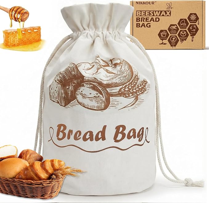 Large Cotton Beeswax Bread Bags for Sourdough with Drawstring Closure (1 Pack) Reusable Bread Storage Bags Keep Loaves Fresh, Freezer-Safe, baking container for gifting (Cylinder Design)