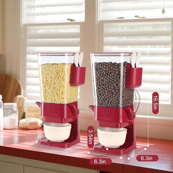 Cereal Dispenser Countertop Red 2 Pack with Creal Bowls Spoons Cutlery Box, Cereal Containers Storage - Not Easy to Crush Food, Dry Food Dispenser For Pantry Candy Snack