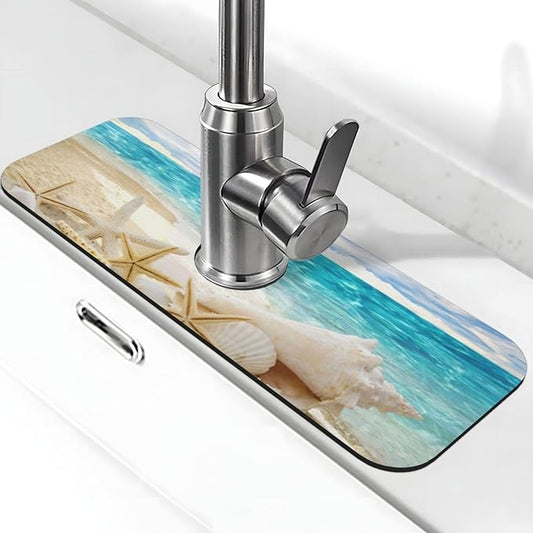Beach Starfish Seashell Shell Summer Kitchen Sink Splash Guard Faucet Mat Super Absorbent Fast Drying Mat Sink Gadgets-Fast Drying Pad Sink Mat For Kitchen Bathroom (15" X 5.5" )
