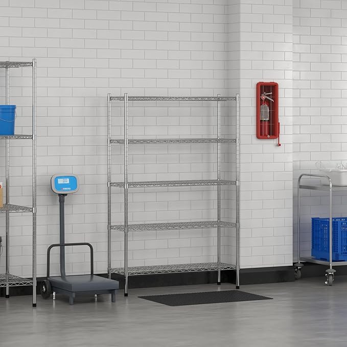 Commercial NSF Listed Chrome Stationary Wire Shelving Kit 14" x 42" x 64", with 5 Shelves Perfect for Warehouse, Walk-in Refrigerator, Freezer, Grocery Store, Restaurant, Dishroom