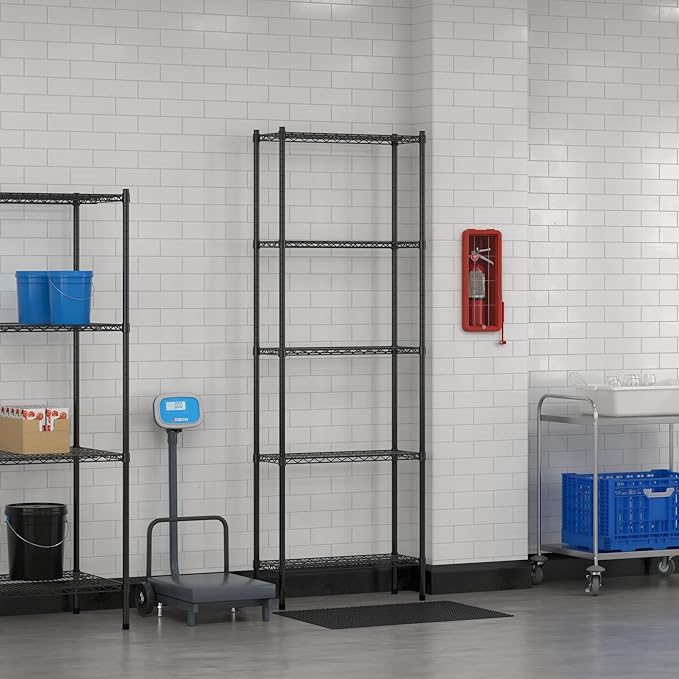 Commercial NSF Listed Black Epoxy Stationary Wire Shelving Kit 12" x 30" x 86", with 5 Shelves Perfect for Warehouse, Walk-in Refrigerator, Freezer, Grocery Store, Restaurant, Dishroom