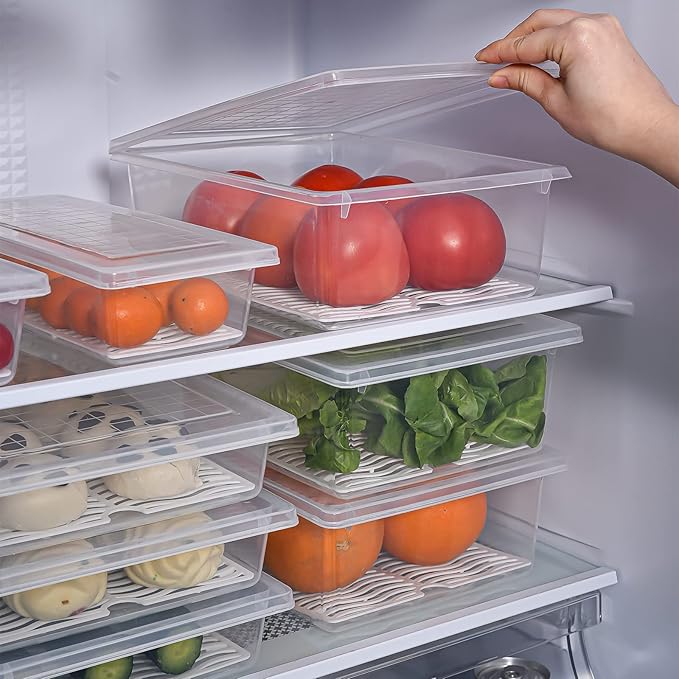 Yiautao Food Storage Container, Plastic Food Containers with Removable Drain Plate and Lid, Stackable Portable Freezer Storage Containers - Tray to Keep Fruits, Vegetables, Meat (X-Large(4PCS))