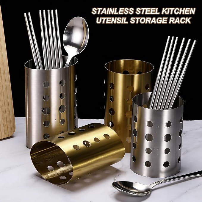 uxcell Kitchen Utensil Holder, 4.6x5.5 Stainless Steel Utensil Cutlery Holder Oval Flatware Organizer with Drain Hole for Kitchen Restaurant Countertop Straw, Spoon, Chopstick, Gold